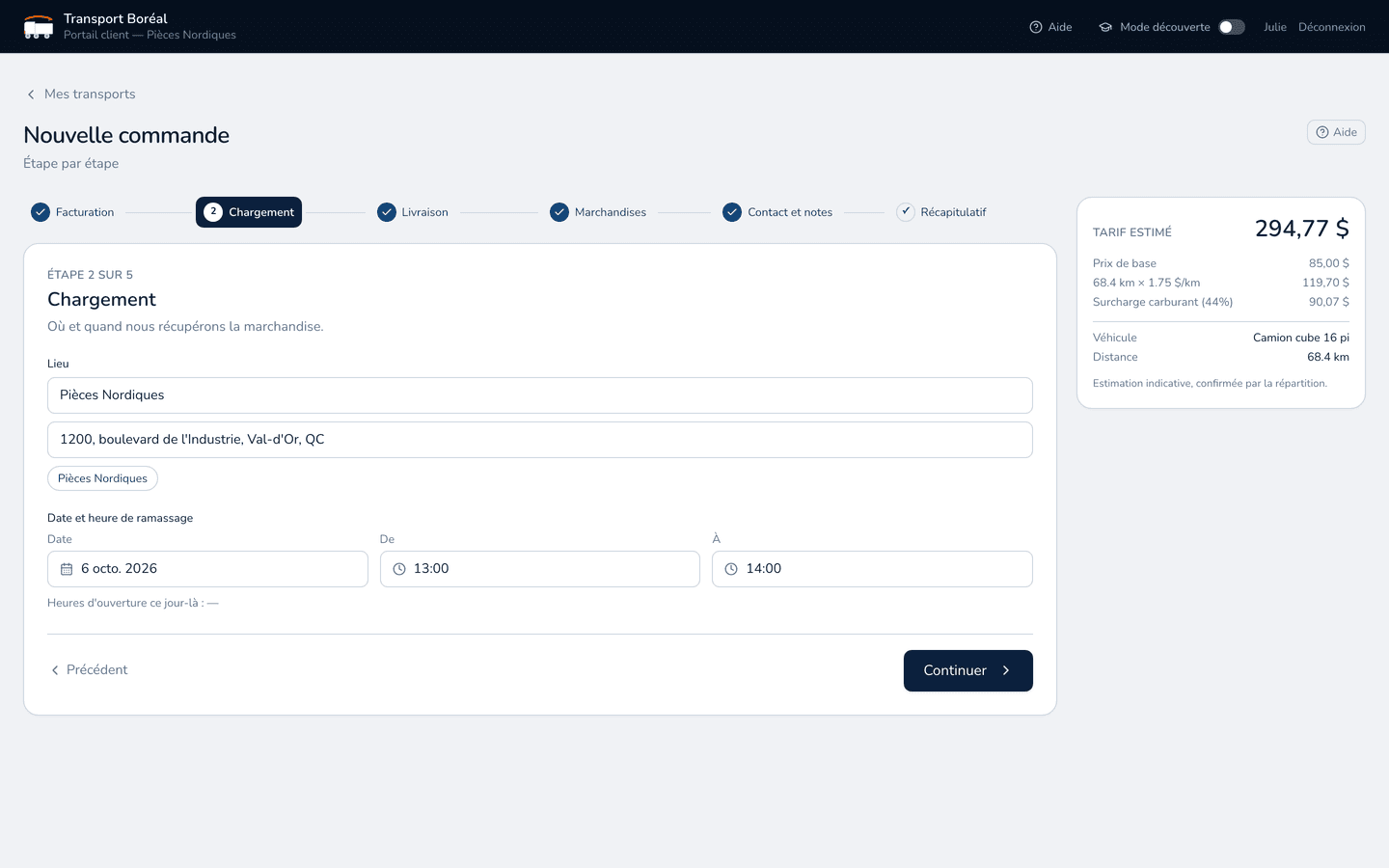 Formulaire de commande du portail client, étape Chargement, avec le tarif estimé