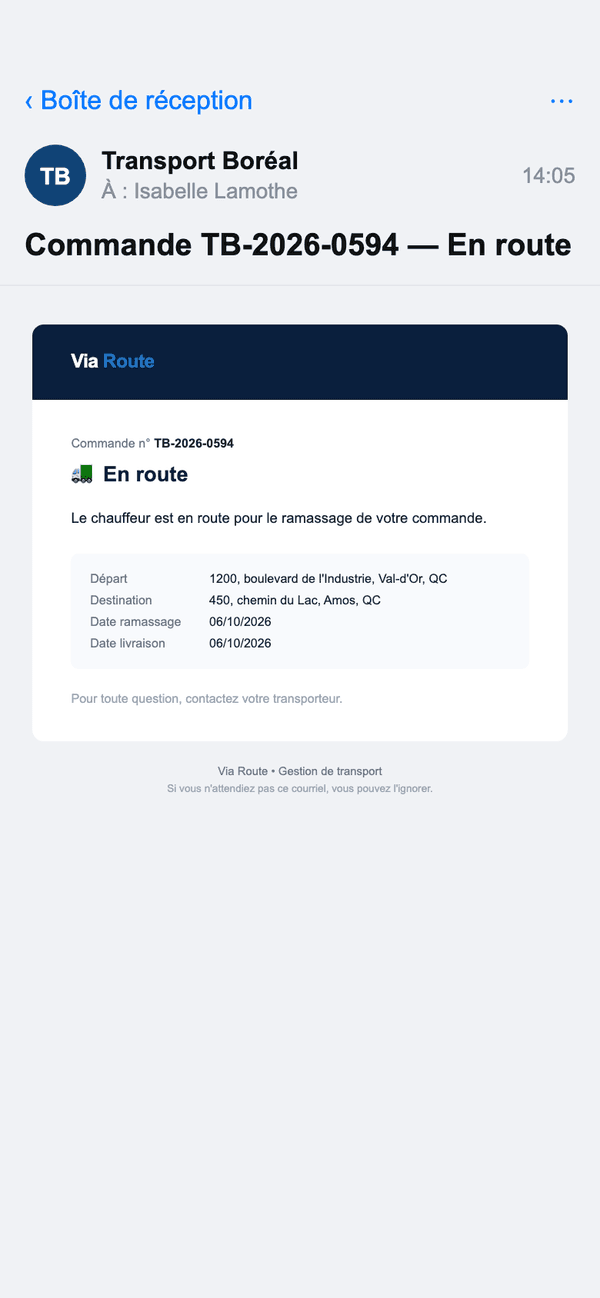 Courriel « En route » reçu par le client