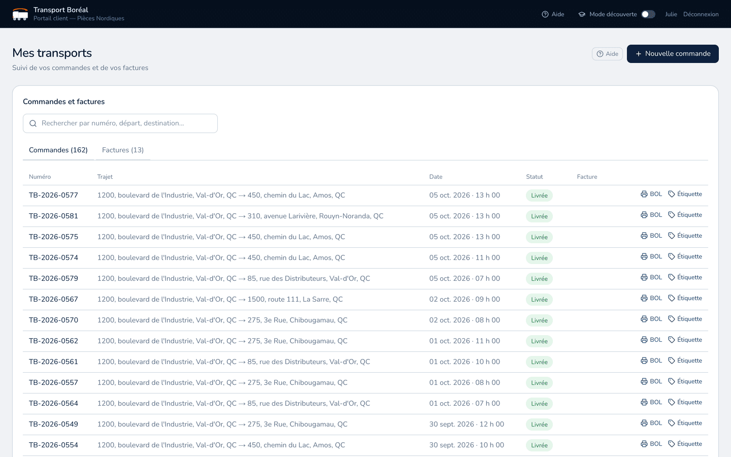 Portail client : la page Mes transports