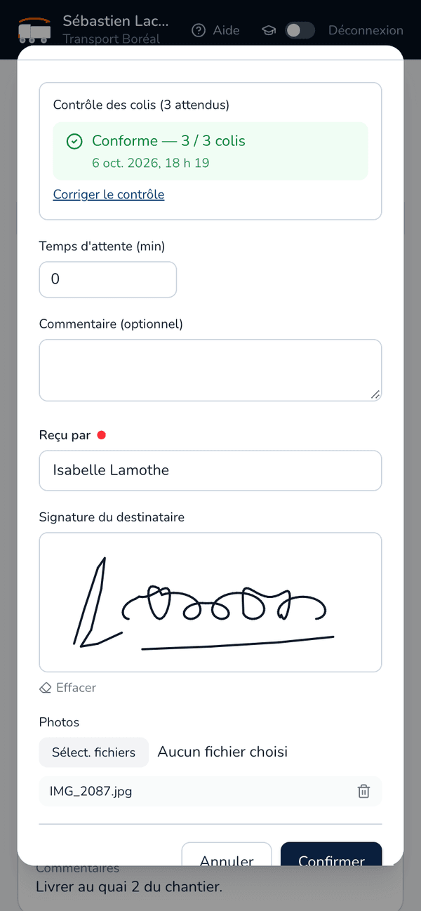 Preuve de livraison avec la signature du destinataire